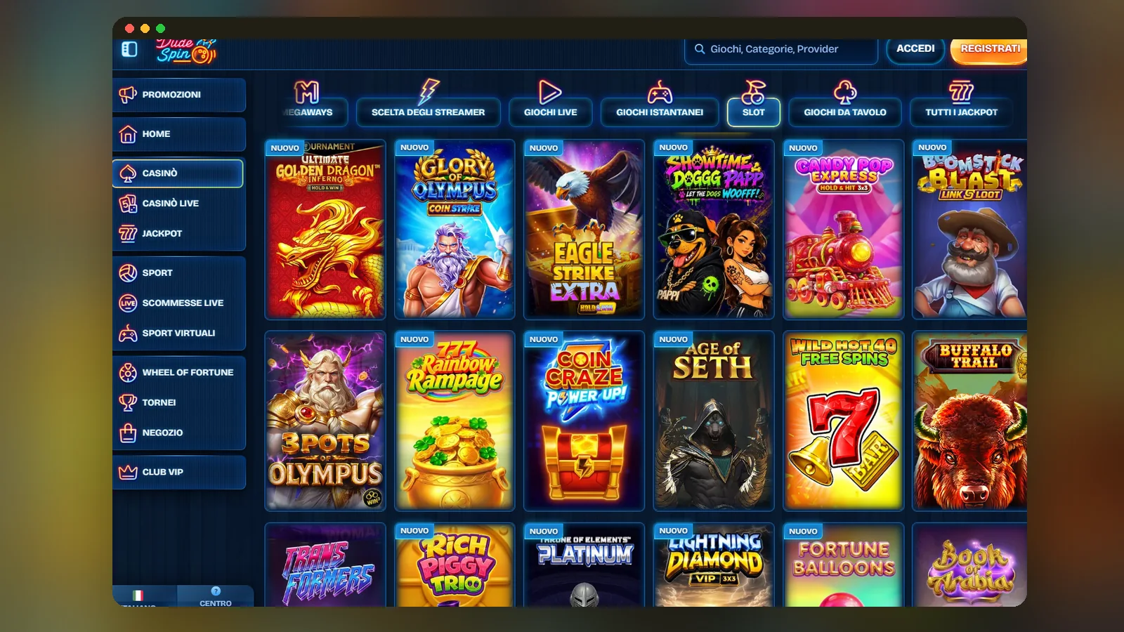 La pagina Promozioni di Dudespin con il pacchetto di benvenuto 300% fino a €2.000 + 150 Giri e il bonus sport 100% fino a €150