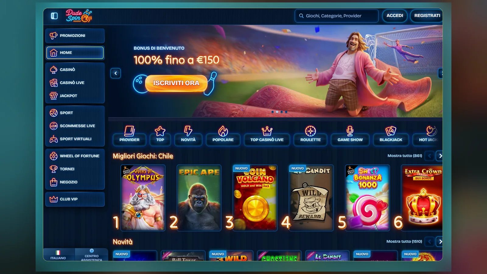 La home di Dudespin con il banner del bonus sport, le categorie e i giochi popolari
