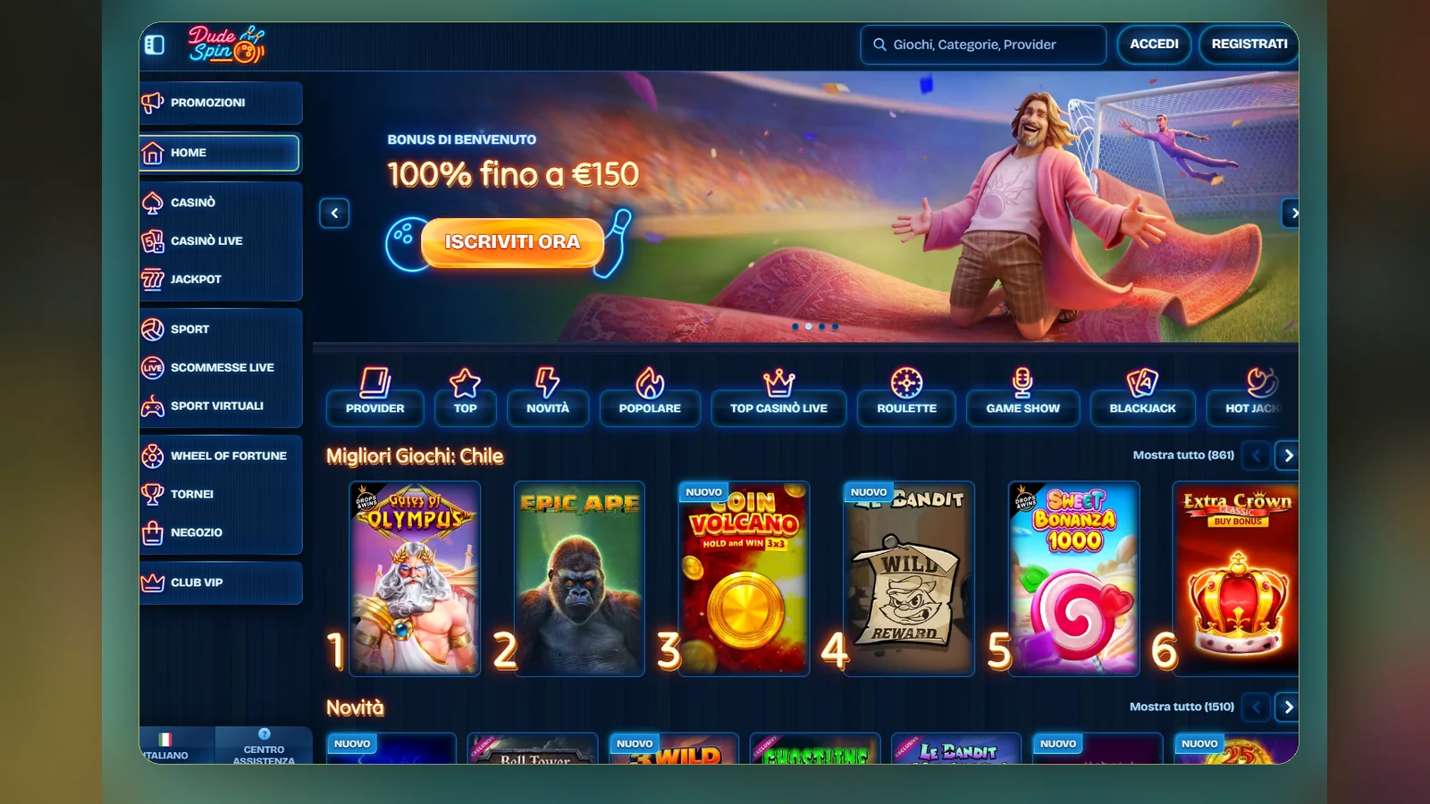 La home di Dudespin con il banner del bonus sport, le categorie e i giochi popolari