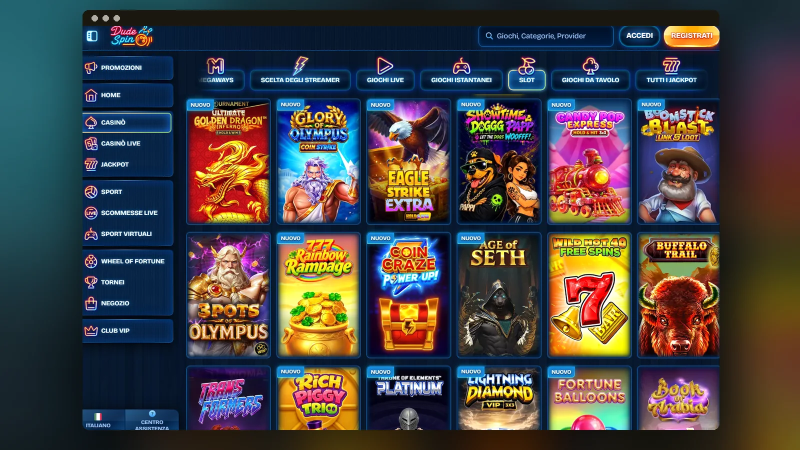 La pagina "Crea un accesso rapido" di Dudespin, con le sezioni Android e iOS e il menu delle categorie